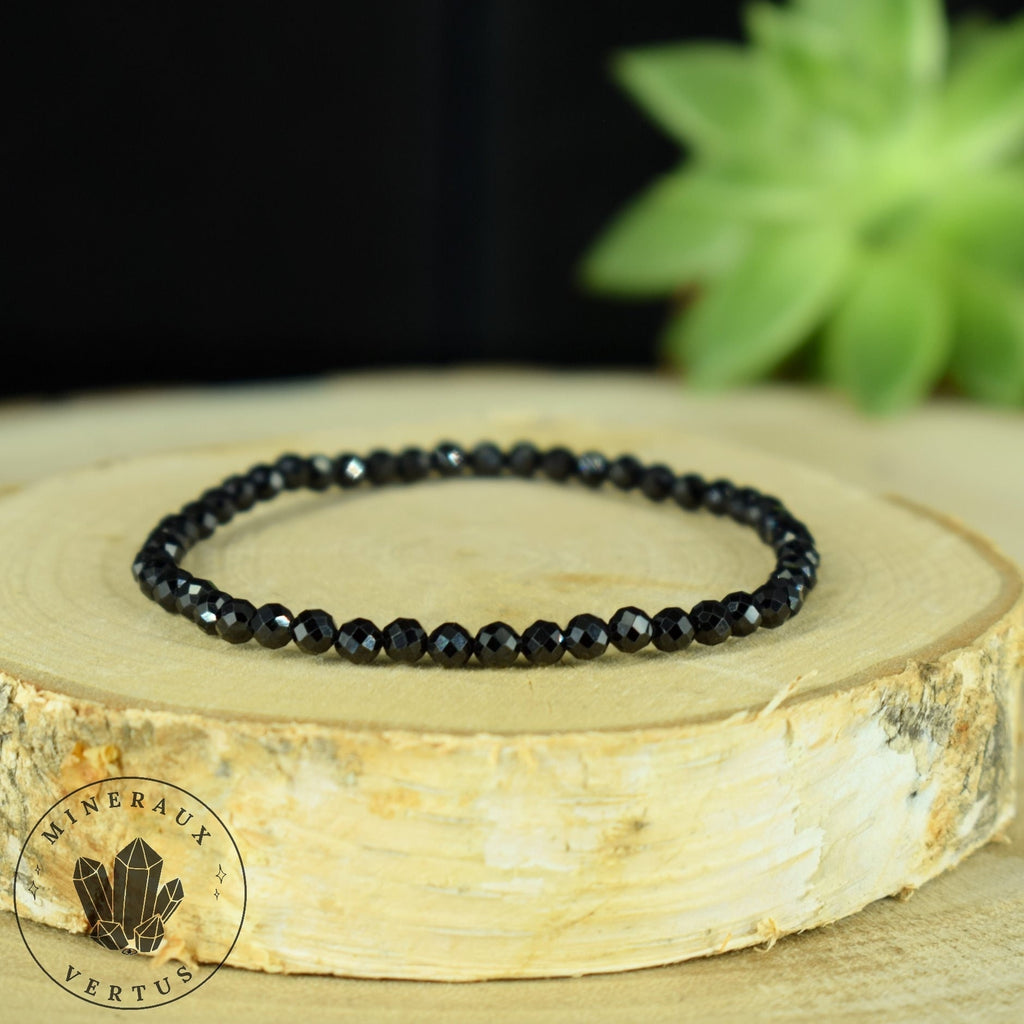 Bracelet fin Spinelle noir AAA perles 4mm rondes facettées  - Protection - Ancrage - Vigueur