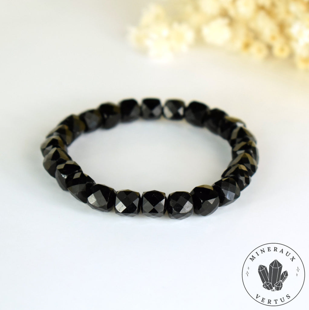 Bracelet Tourmaline noire perles 8mm cubes à facettes AAA - Ancrage - Protection - Réalignement