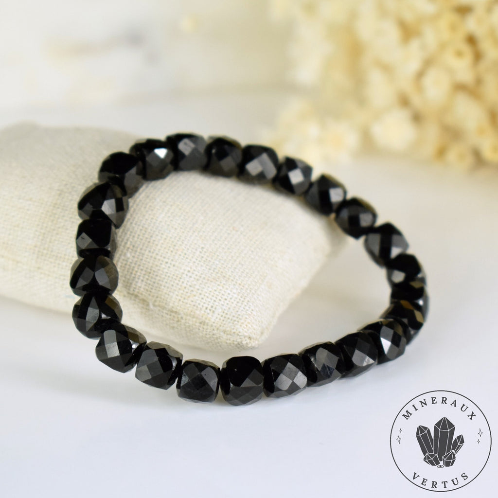 Bracelet Tourmaline noire perles 8mm cubes à facettes AAA - Ancrage - Protection - Réalignement