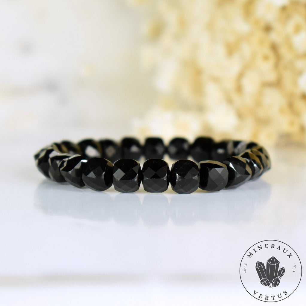 Bracelet Tourmaline noire perles 8mm cubes à facettes AAA - Ancrage - Protection - Réalignement