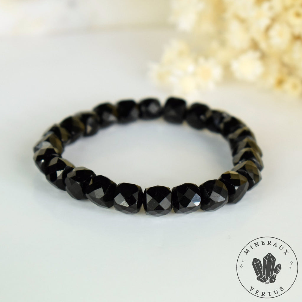 Bracelet Tourmaline noire perles 8mm cubes à facettes AAA - Ancrage - Protection - Réalignement