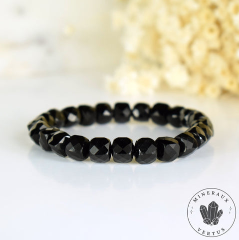 Bracelet Tourmaline noire perles 8mm cubes à facettes AAA - Ancrage - Protection - Réalignement