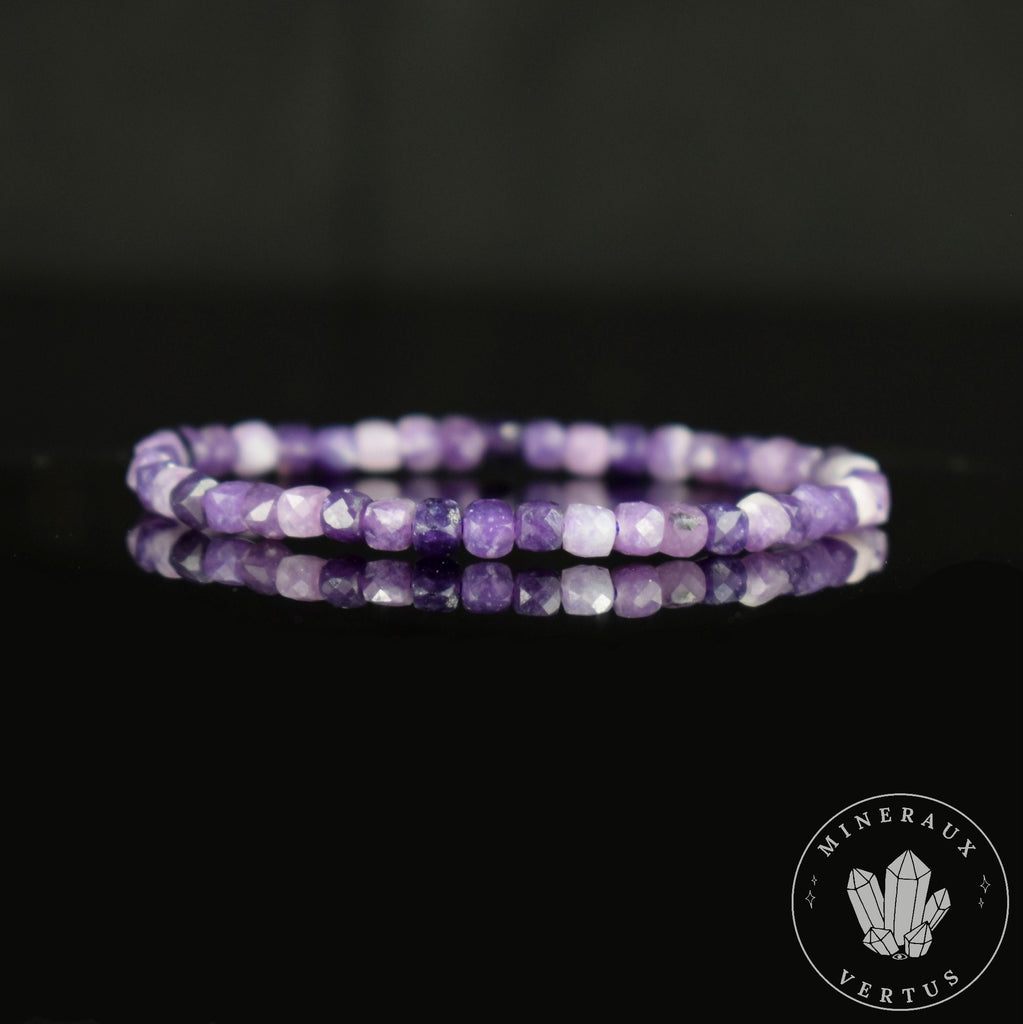 Bracelet Lépidolite Violette AA perles carrées facettées 4mm - Accomplissement - Sécurité - Instinct