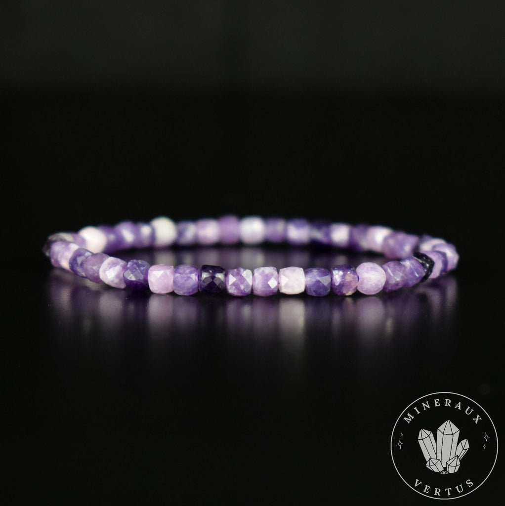 Bracelet Lépidolite Violette AA perles carrées facettées 4mm - Accomplissement - Sécurité - Instinct