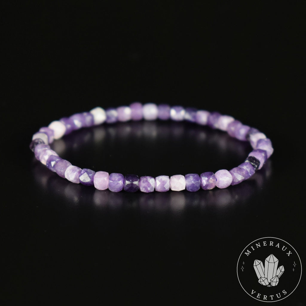 Bracelet Lépidolite Violette AA perles carrées facettées 4mm - Accomplissement - Sécurité - Instinct