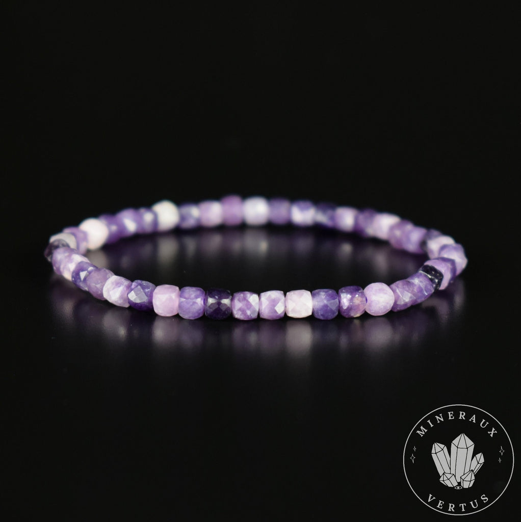 Bracelet Lépidolite Violette AA perles carrées facettées 4mm - Accomplissement - Sécurité - Instinct