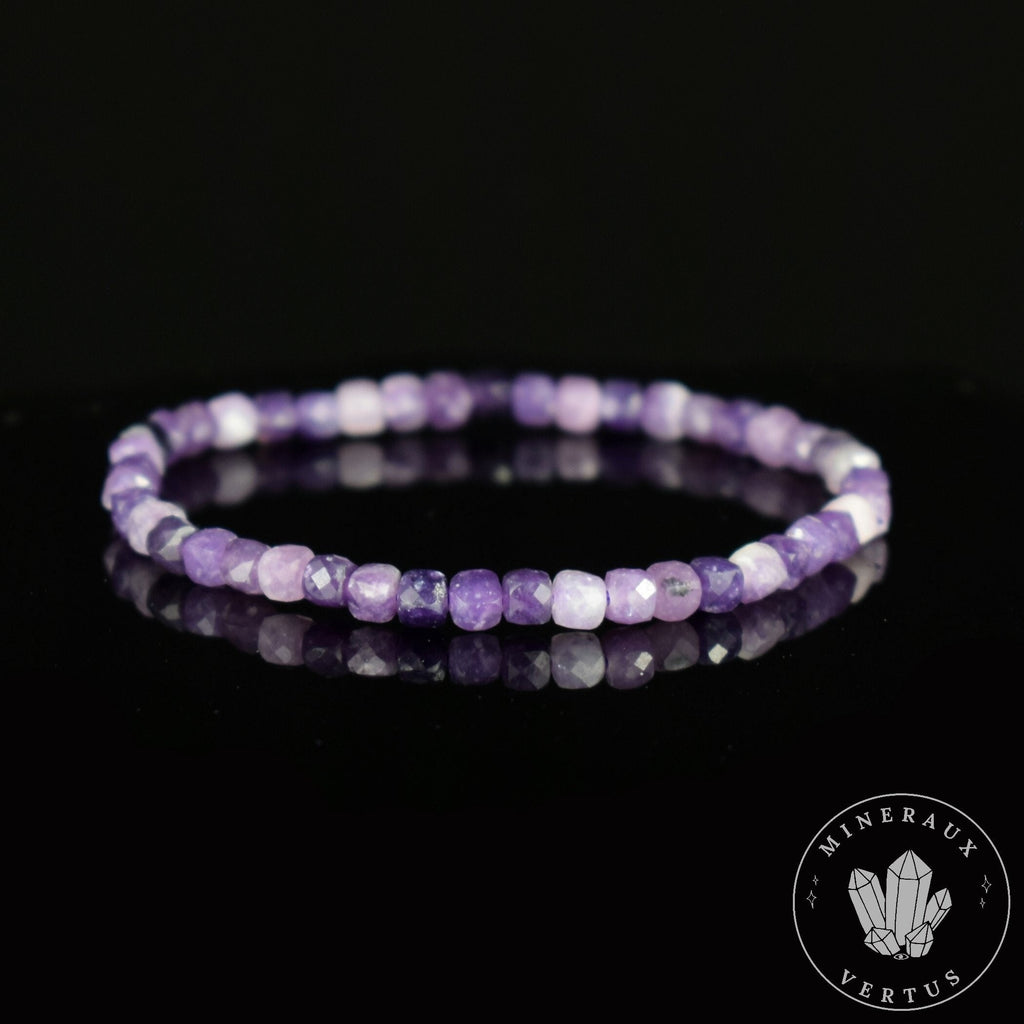 Bracelet Lépidolite Violette AA perles carrées facettées 4mm - Accomplissement - Sécurité - Instinct