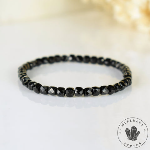 Bracelet fin Spinelle noir AAA perles naturelles 4mm carrées facettées  - Protection - Ancrage - Vigueur