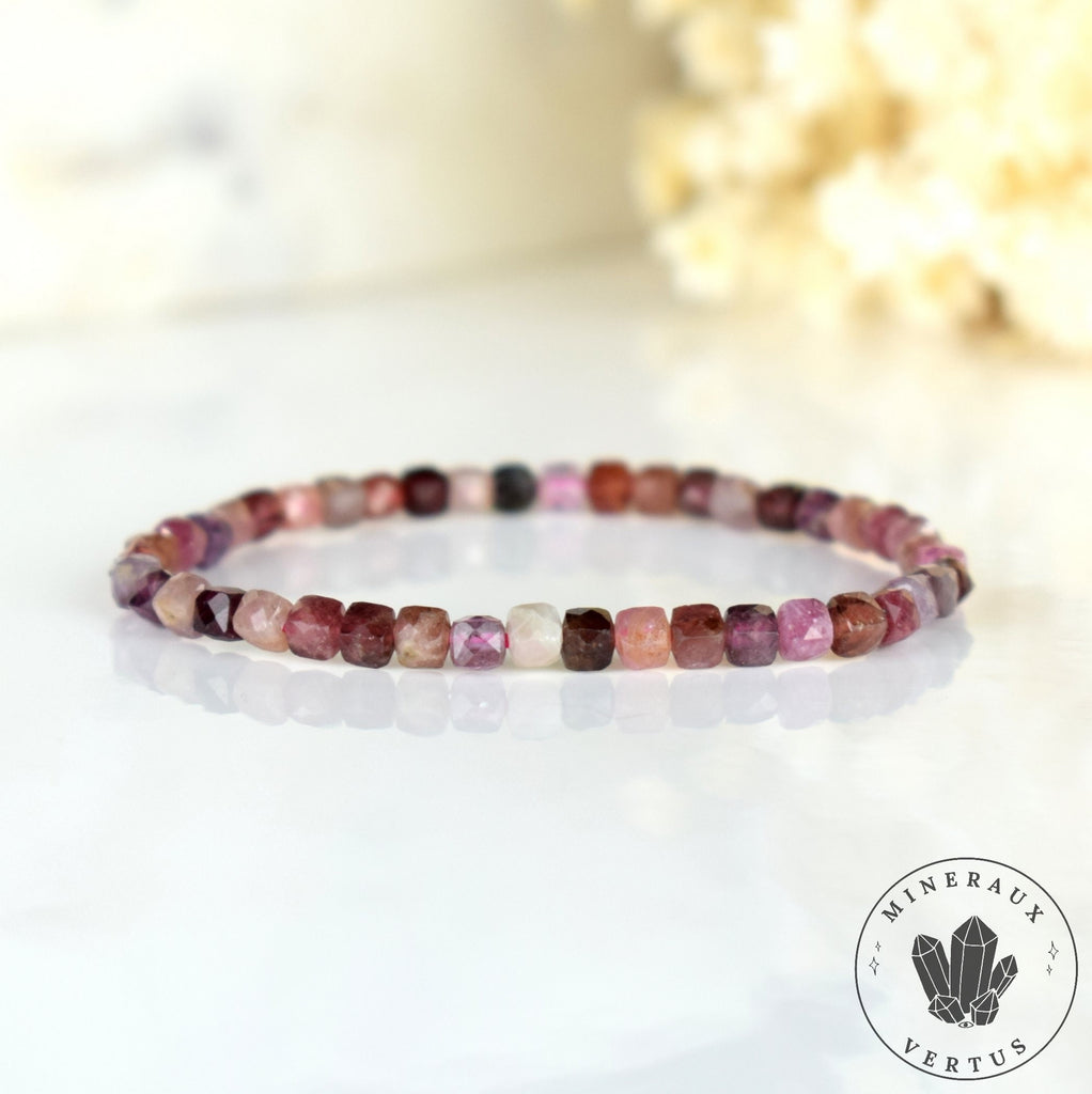Bracelet fin Spinelle Multicolore AAA perles naturelles 4mm carrées facettées  - Protection - Ancrage - Vigueur